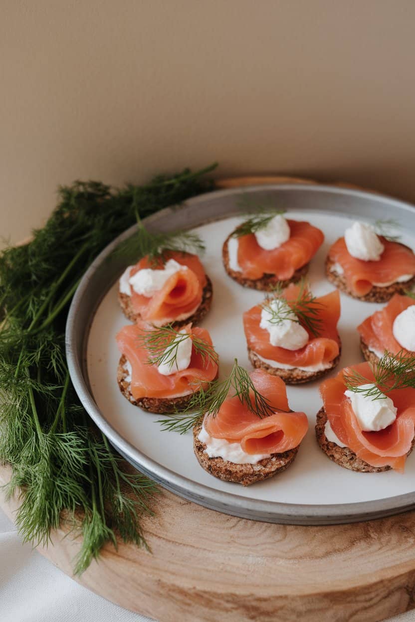 An indoor appetizer tray featuring small buckwheat blinis topped with slices of smoked salmon, a dollop of crème fraîche, and dill fronds. No text or logos; photo.