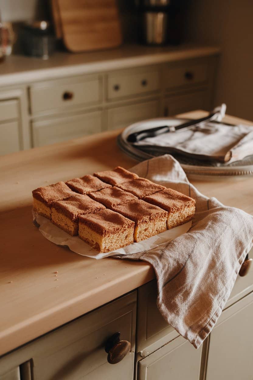An indoor kitchen island with square blondies dusted in cinnamon sugar, a linen napkin beside them. No text or logos.