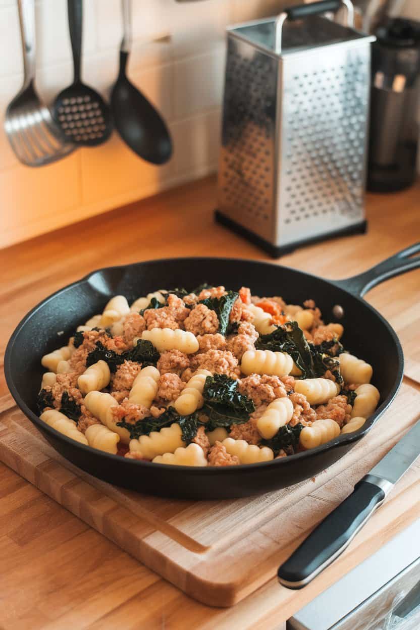 Indoor kitchen counter showing a skillet of pillowy gnocchi tossed with ground turkey, kale ribbons, and a light tomato sauce. No logos or text.