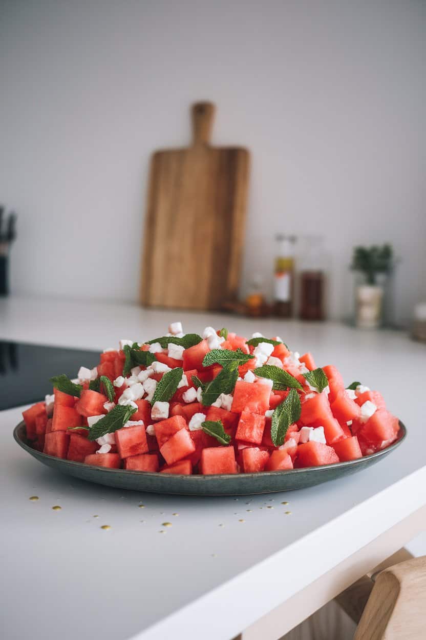 Photo of an indoor kitchen island holding a wide shallow platter of cubed watermelon, crumbled feta, and torn mint leaves, tiny droplets of lime dressing visible. No text or logos.