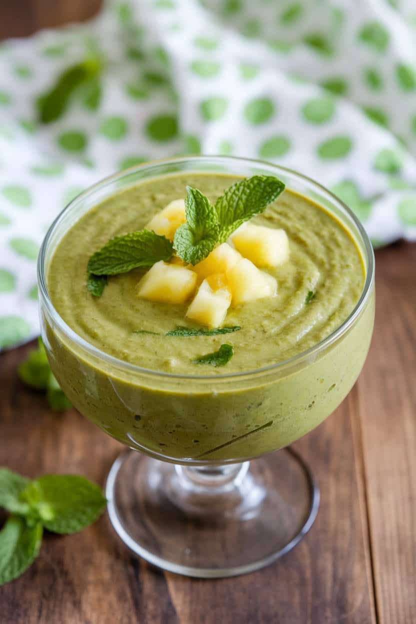 Indoor photo of a chilled green gazpacho in a glass bowl, garnished with diced pineapple and mint leaves; no text or logos