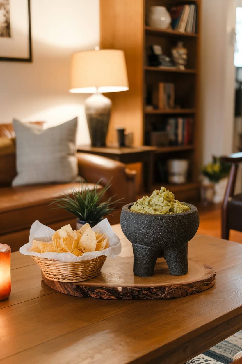 Indoor coffee table scene showing a stone molcajete filled with chunky guacamole beside a basket of tortilla chips; warm living-room lighting; no text or logos.