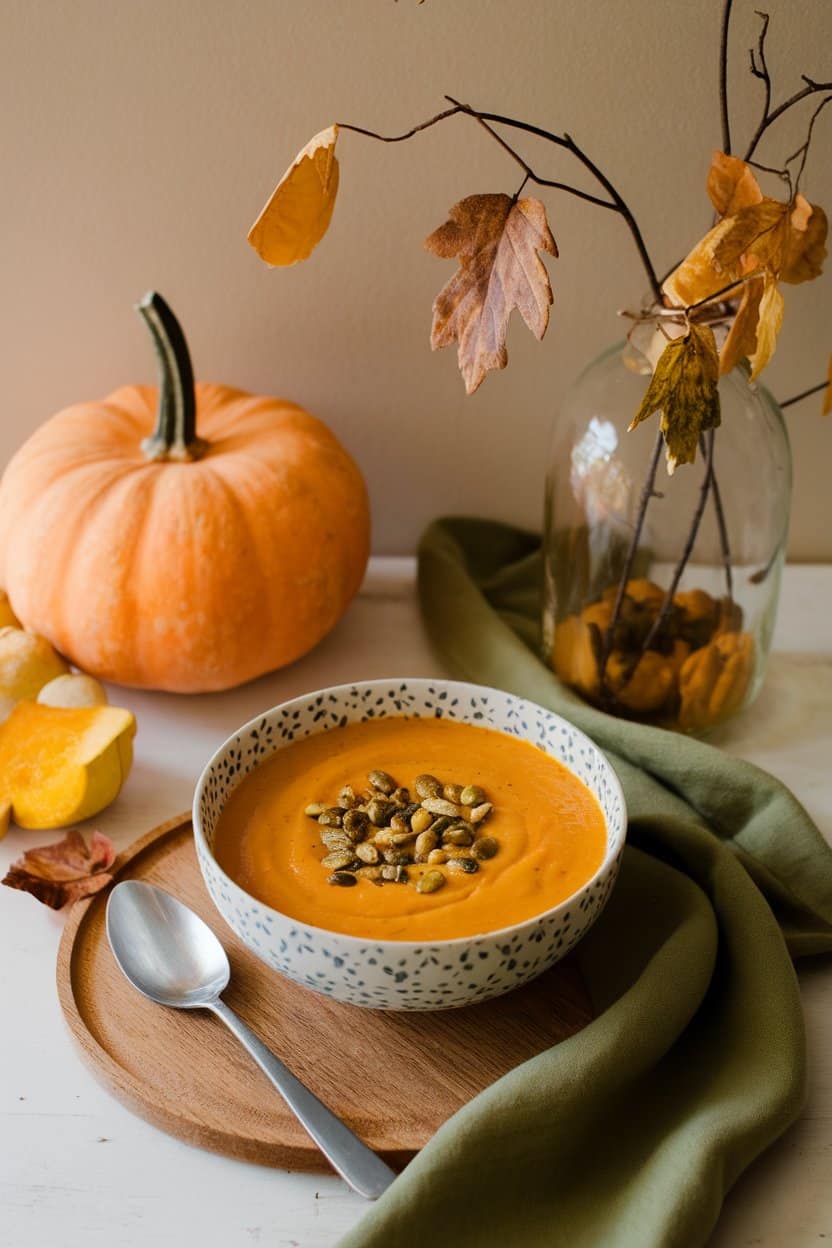 Indoor autumnal table with a bowl of creamy orange chicken pumpkin soup topped with roasted pepitas; no text or logos.