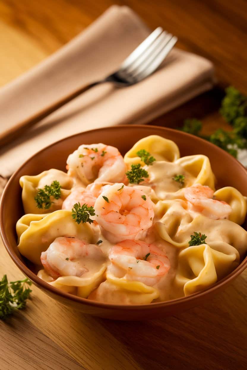 Warm indoor shot of a bowl of cheese tortellini coated in creamy Alfredo sauce with shrimp pieces throughout, parsley garnish. No text or logos.