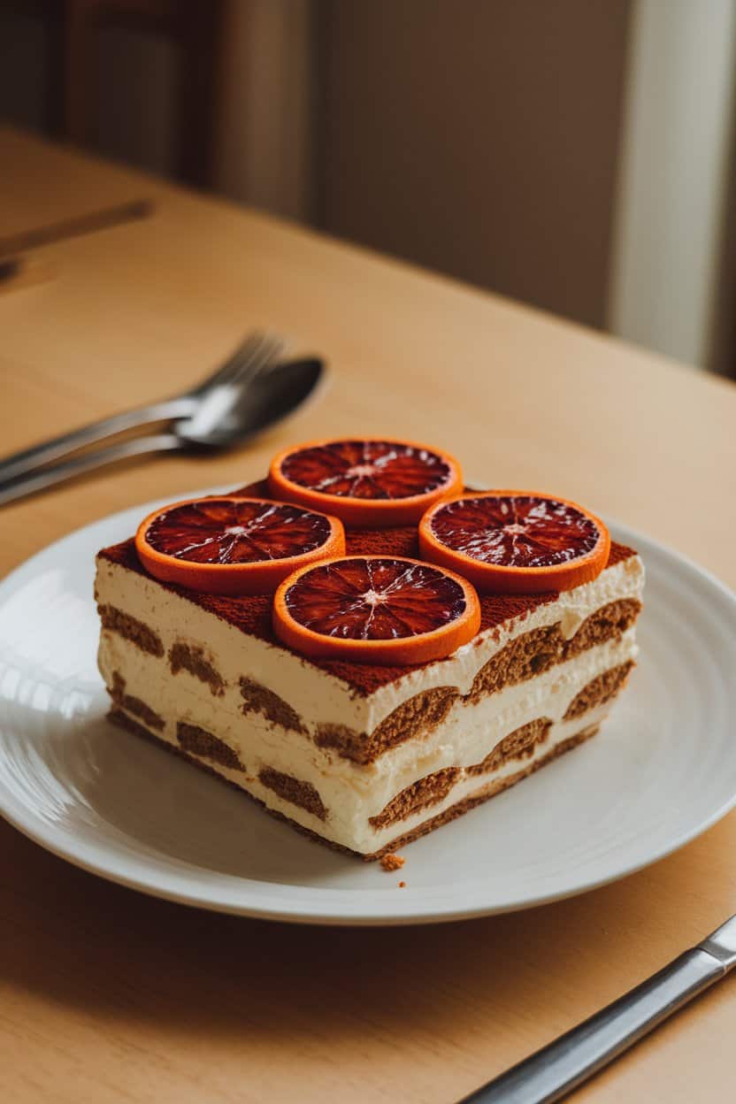 Photo: Square portion of tiramisu with visible blood-orange slices on top, indoor dining table, gentle warm light. No text or logos.