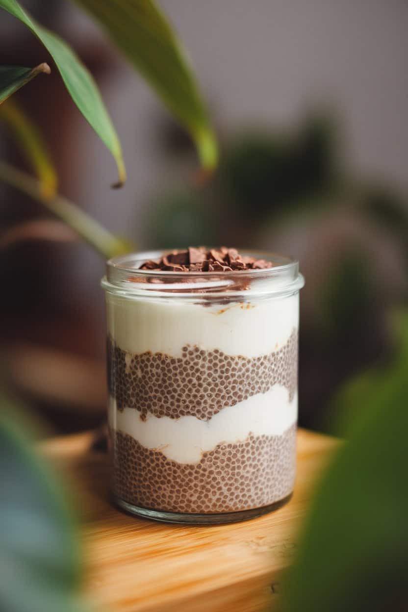 Indoor photo of a glass jar showing distinct layers of mocha chia pudding and coconut yogurt, topped with cacao nibs. Soft side lighting, no text or logos.