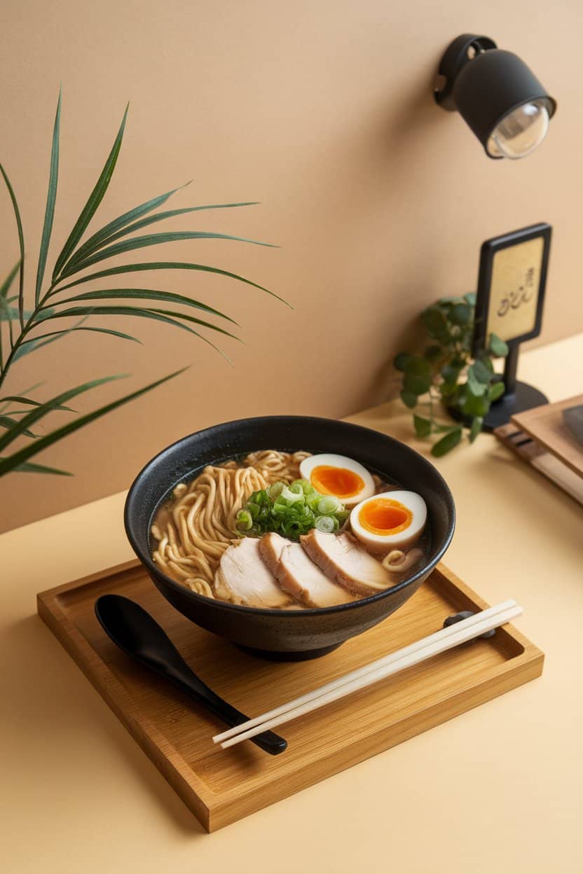 Indoor ramen bar vibe showing a bowl of miso broth with chicken slices, ramen noodles, soft-boiled egg, and scallions; no text or logos.