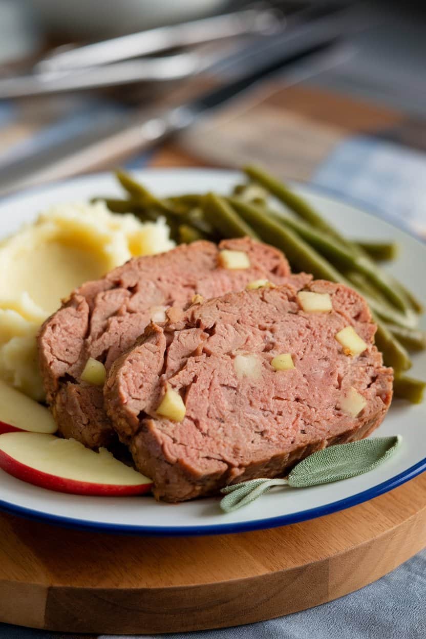 Indoor plate featuring a pork meatloaf slice dotted with apple pieces, sage leaves scattered nearby. No text or logos. Photo only.