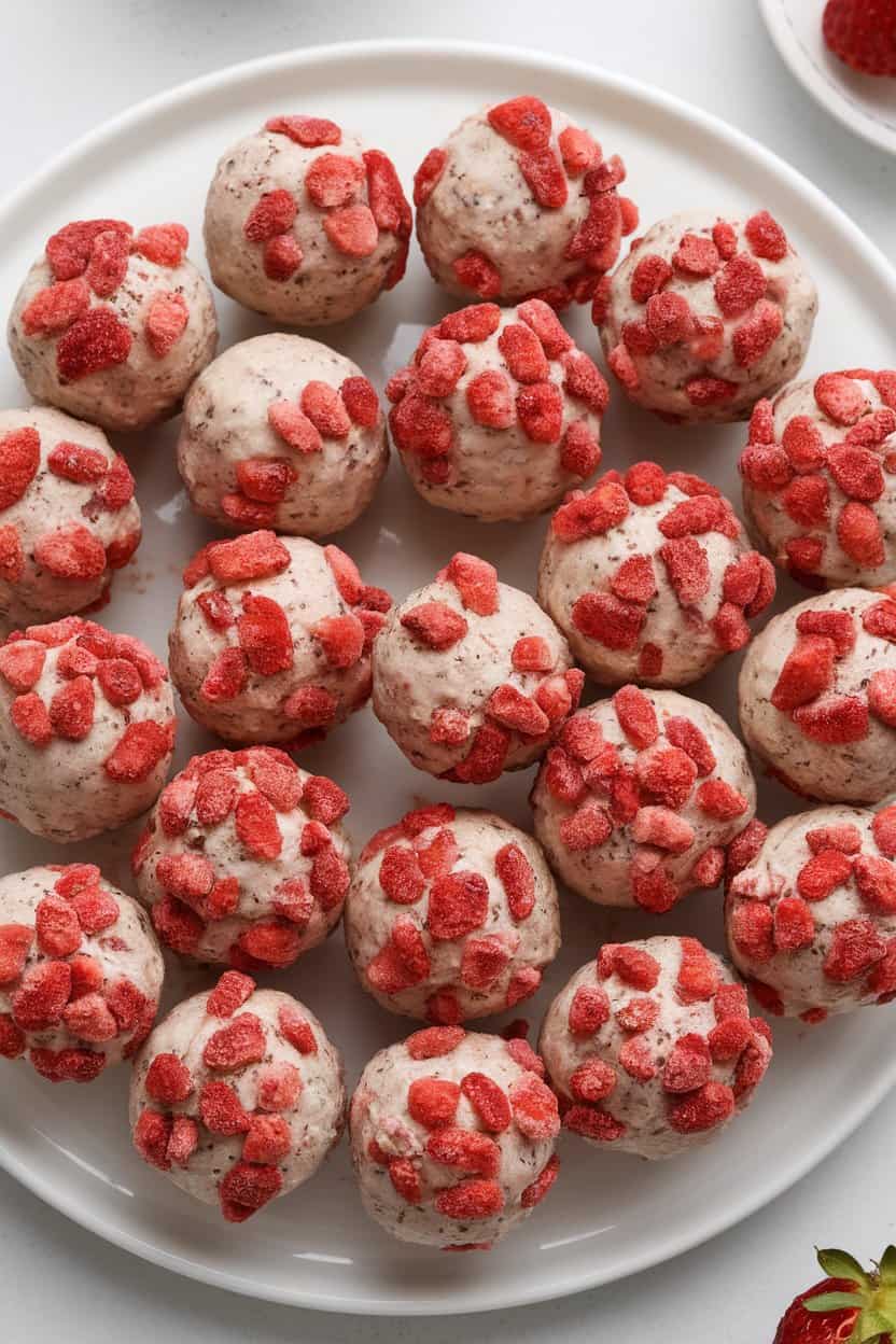 Indoor dessert-style plate with pale protein balls coated in crushed freeze-dried strawberries, no text or logos. Photo only.