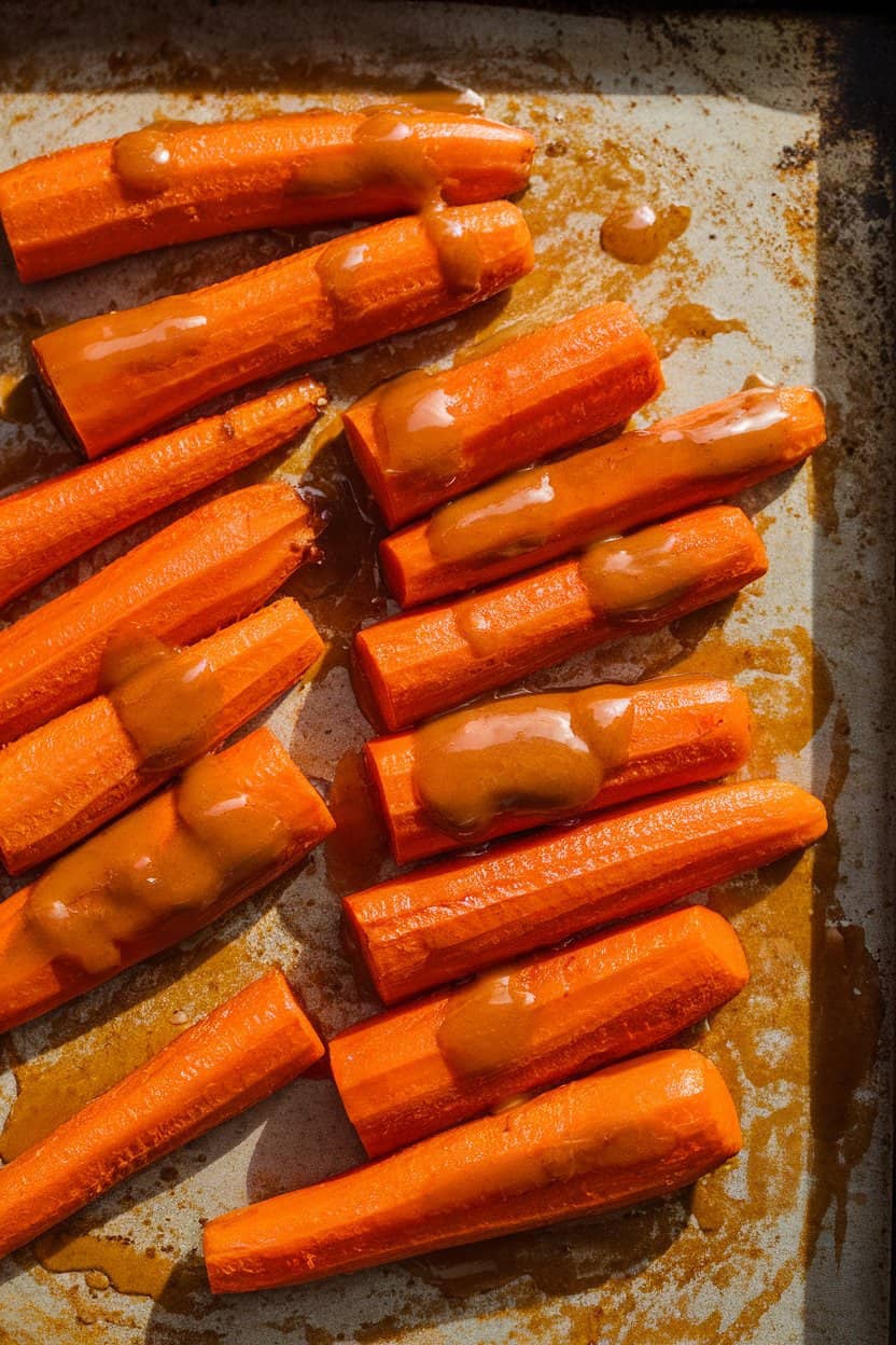 Indoor photo of sliced roasted carrots coated in a glossy maple mustard glaze on a baking sheet; no text or logos