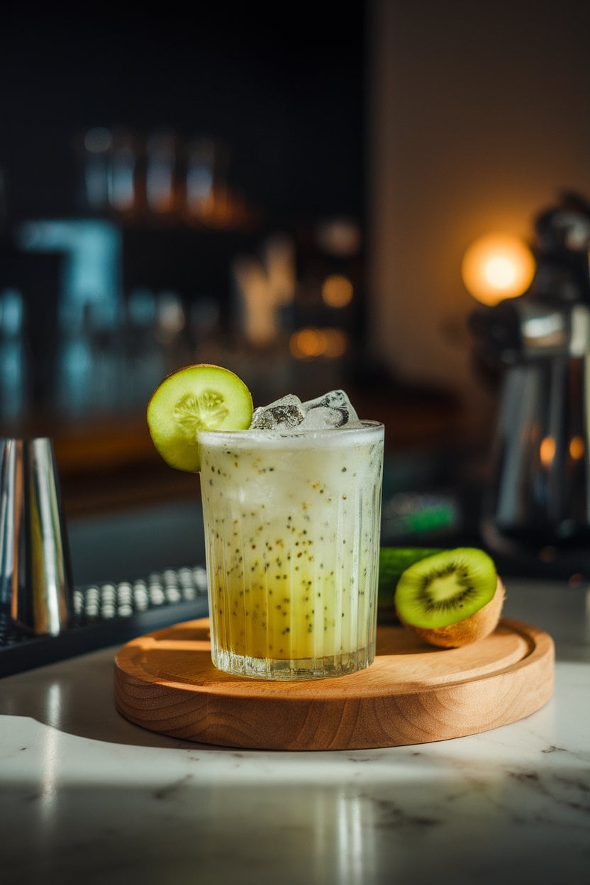 Photo of an indoor bar showing a Collins glass with speckled green kiwi drink, cucumber slice garnish, ice shards, soft ambient lighting; no text or logos