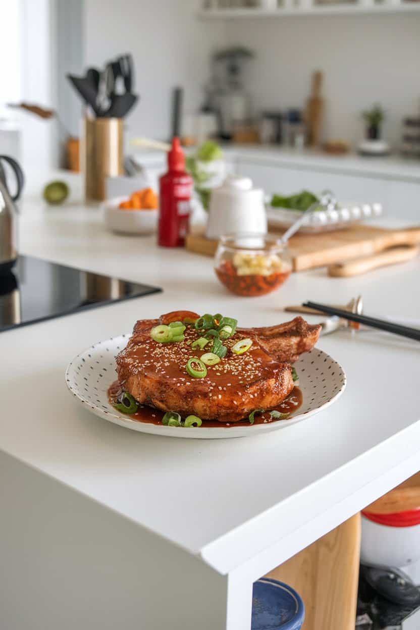 A modern indoor kitchen island featuring pork chops coated in a glossy gochujang glaze, sprinkled with sesame seeds and sliced scallions. No text or logos. Photo only.