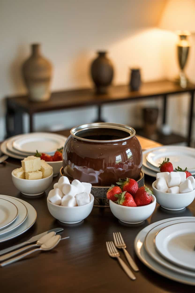Photo: An indoor dining table set with a glossy pot of melted dark chocolate in the center, surrounded by small bowls of cubed pound cake, fresh strawberries, and marshmallows. Warm ambient lighting, no text or logos anywhere in the scene.
