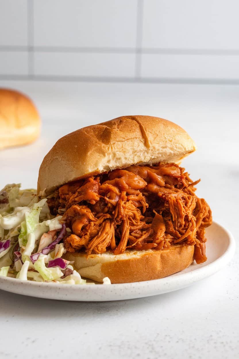 Indoor dining scene with a toasted bun piled high with saucy pulled jackfruit, crunchy coleslaw peeking out, all on a simple white plate, no visible text or logos.