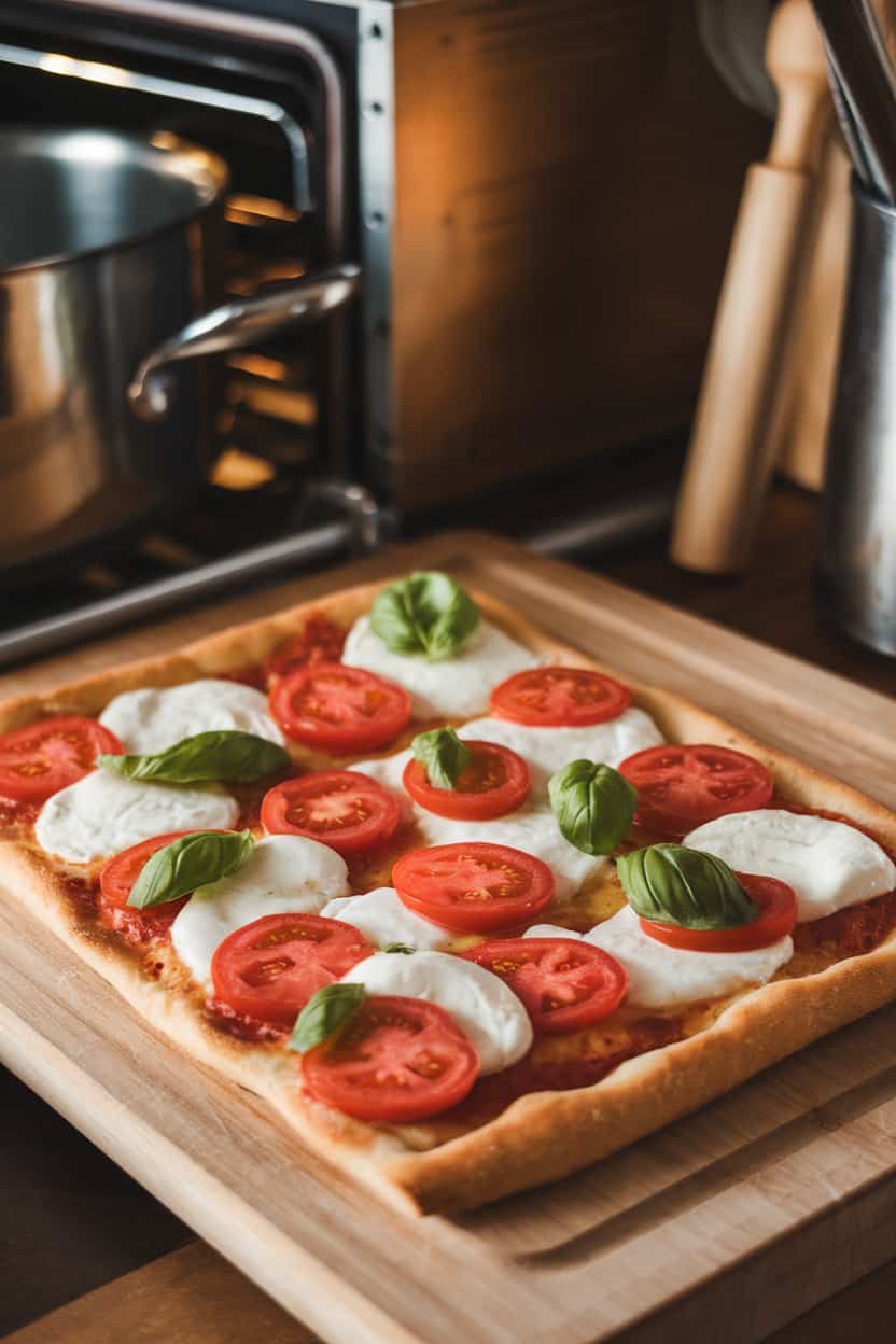 Indoor oven-side scene showing a rectangular flatbread with melted mozzarella, tomato slices, and fresh basil leaves on a cutting board. No text or logos, photo not illustration.