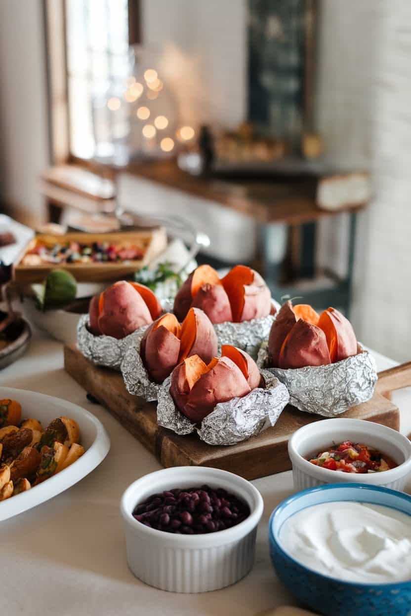 An indoor buffet setup with foil-wrapped baked sweet potatoes sliced open, alongside small bowls of black beans, salsa, and Greek yogurt. No text or logos; photo only.