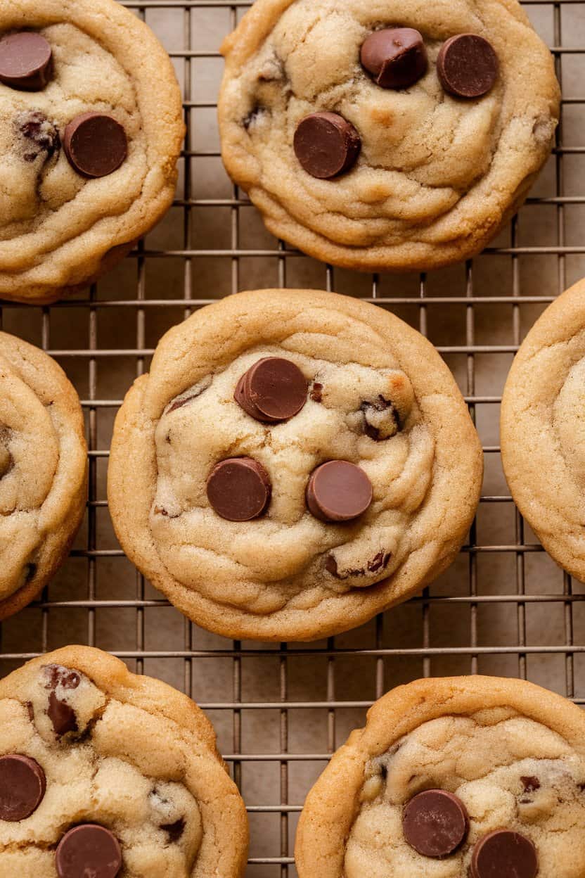 Indoor photo of golden vegan spelt chocolate chip cookies on a wire rack, no text or logos
