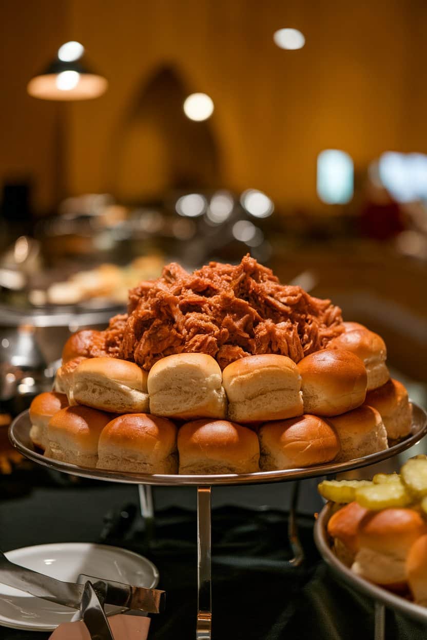 Indoor buffet table with a platter of mini brioche buns piled high with saucy pulled pork, a few pickle chips on the side, warm tungsten lighting, no text or logos.