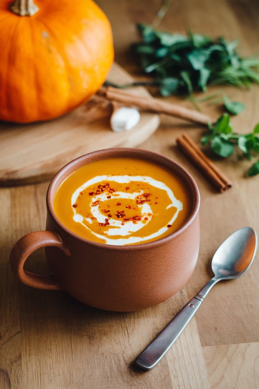 Indoor kitchen counter with a creamy orange pumpkin soup in a mug, swirled with coconut milk and chili flakes, spoon beside. No text or logos, photo not illustration.