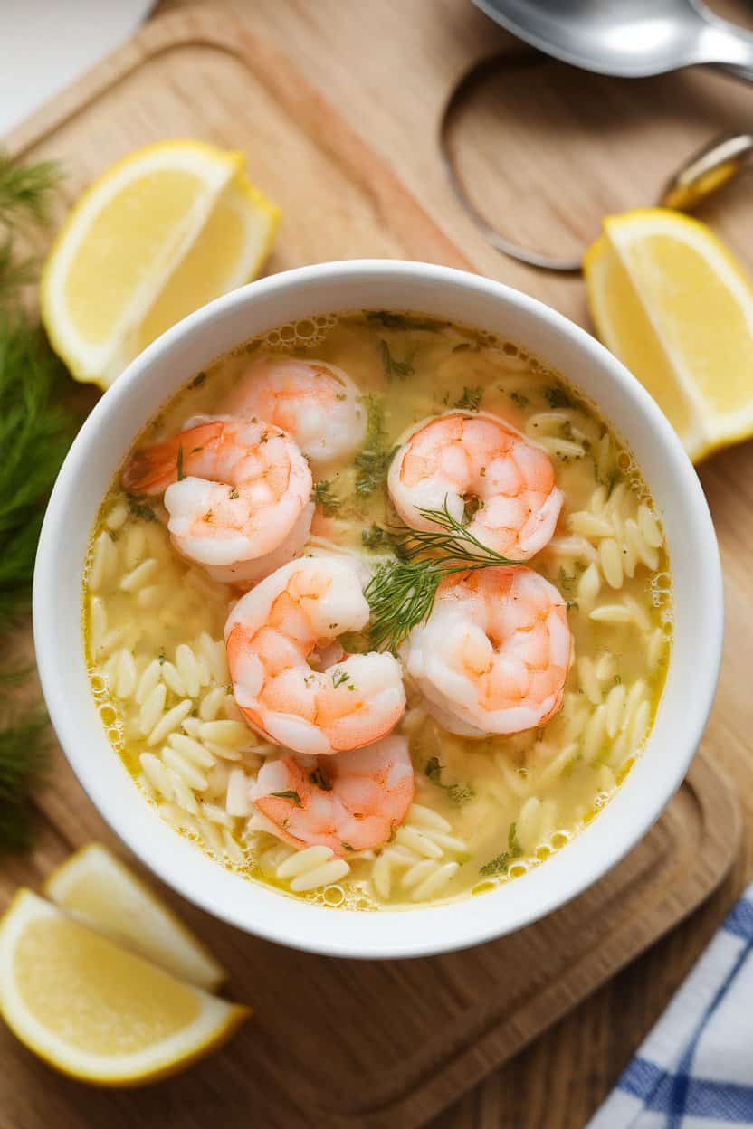 Indoor soup bowl containing orzo, shrimp, and dill in a light lemony broth, shot from above. No text or logos visible.