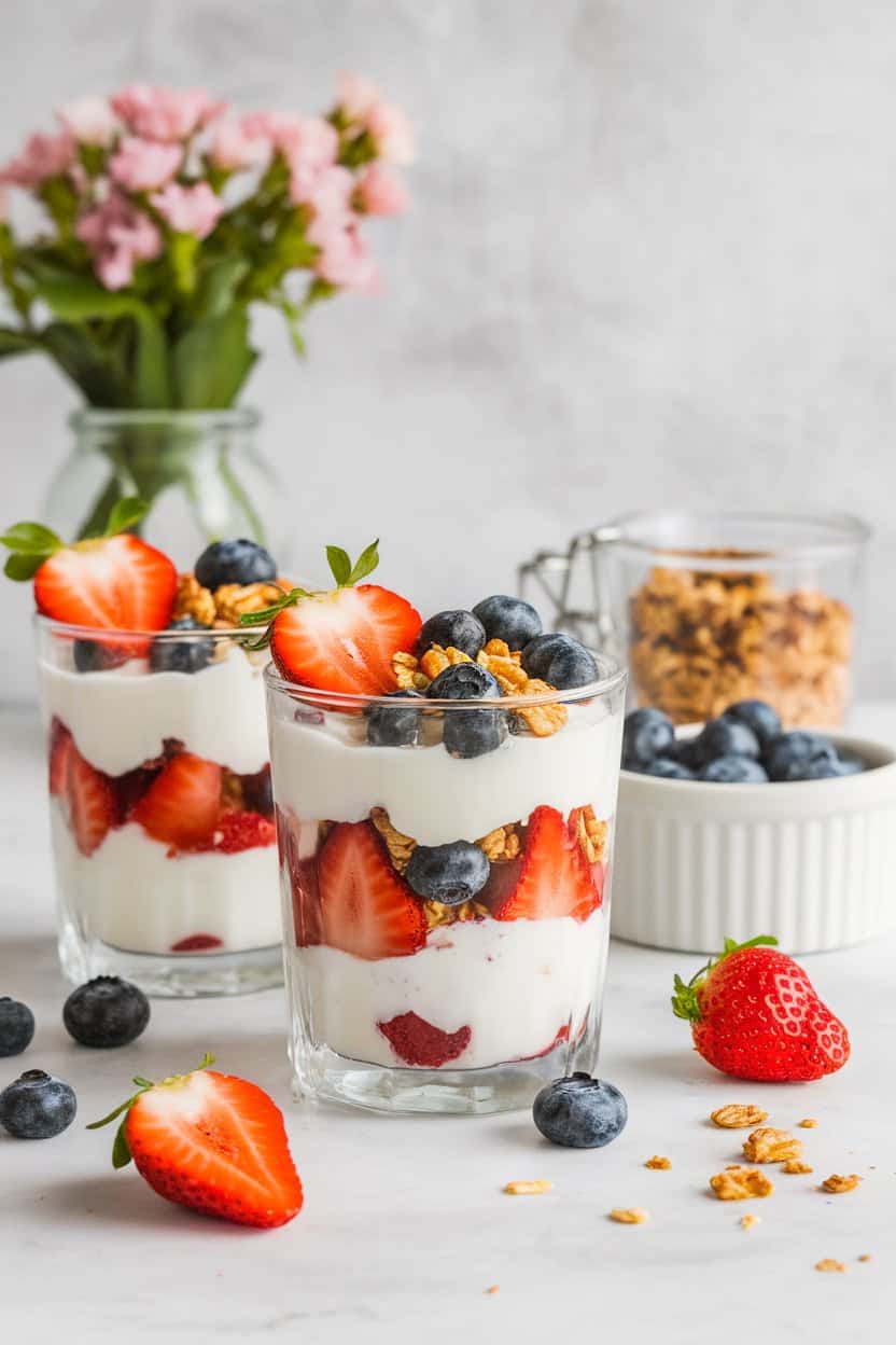 An indoor breakfast bar with clear glasses layered with Greek yogurt, strawberries, blueberries, and granola in a side ramekin to keep crisp. No text or logos; photo only.