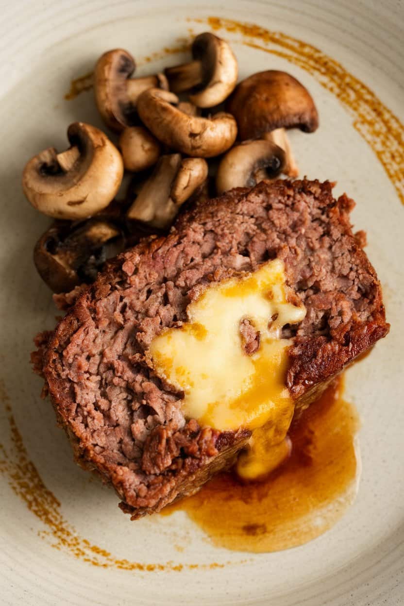 Indoor slice of meatloaf showing a gooey Swiss cheese center with sautéed mushrooms spilling out, served on a neutral plate. No text or logos. Photo only.