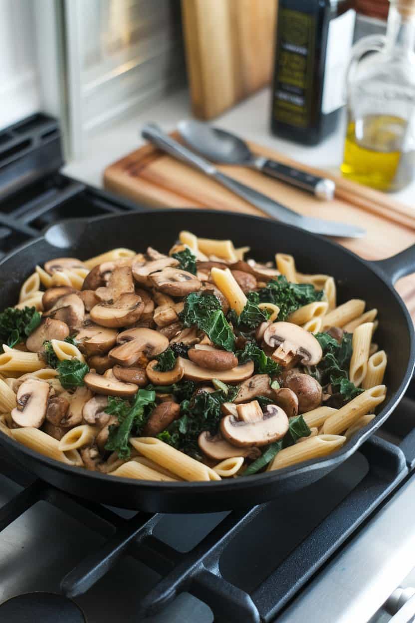 An indoor stovetop scene featuring a skillet of whole-wheat penne tossed with sautéed mushrooms, kale ribbons, and a light garlic-olive oil sauce. No text or logos anywhere.