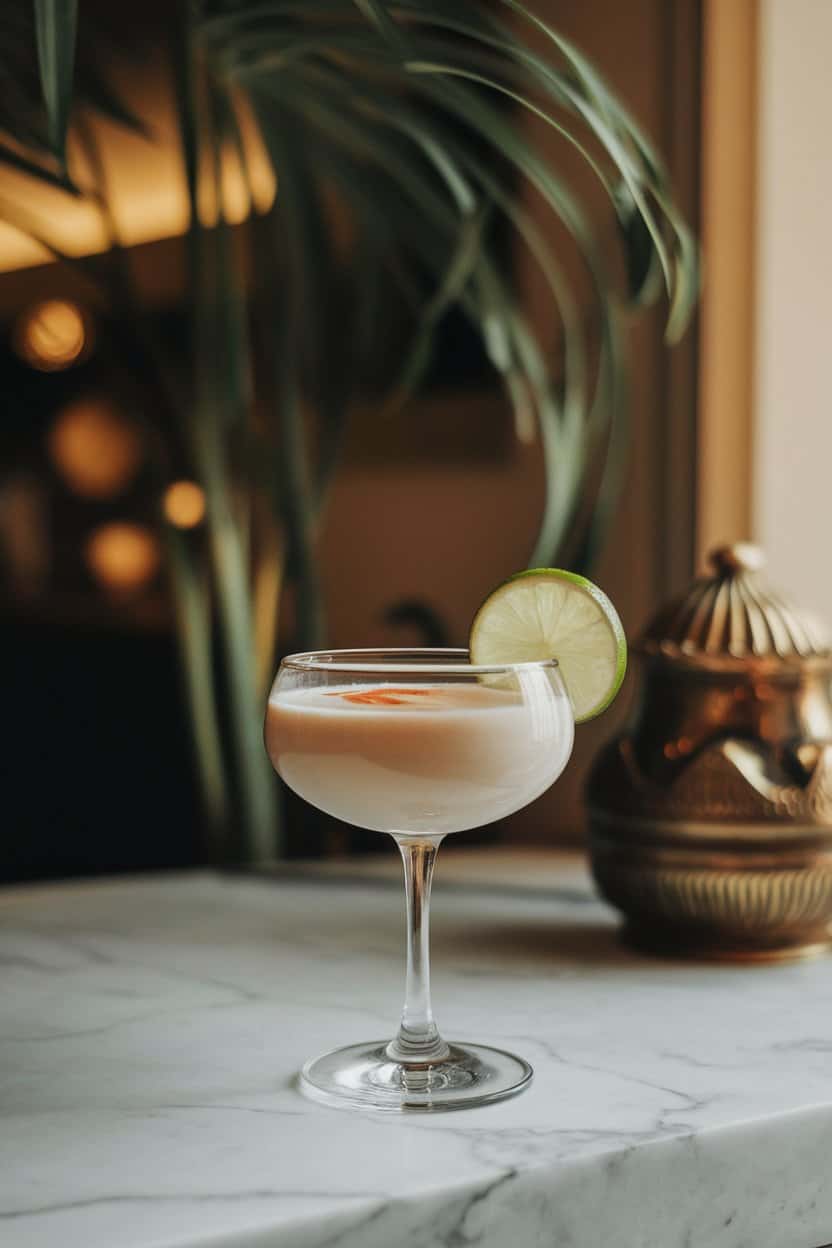 Photo of an indoor dim-sum restaurant bar, coupe glass with milky lychee drink, tiny lime wheel float, soft warm lighting; no text or logos