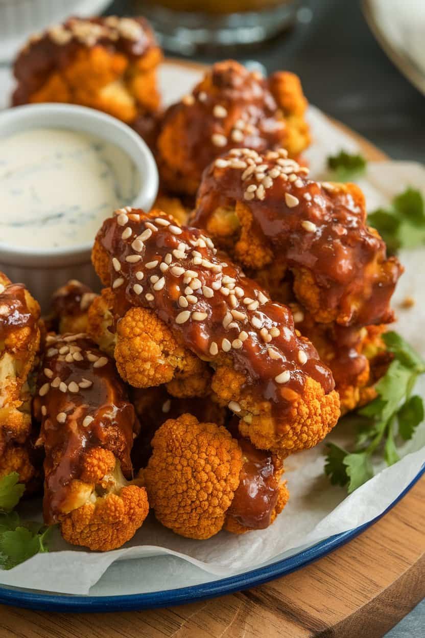 Indoor photo of saucy baked cauliflower wings on a platter with a sprinkle of sesame seeds. No text or logos.
