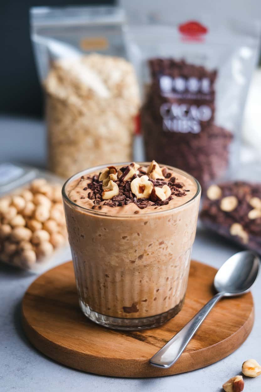 Indoor photo of a coffee-colored oat mixture in a glass cup, hazelnut pieces and cacao nibs sprinkled on top; no text or logos.