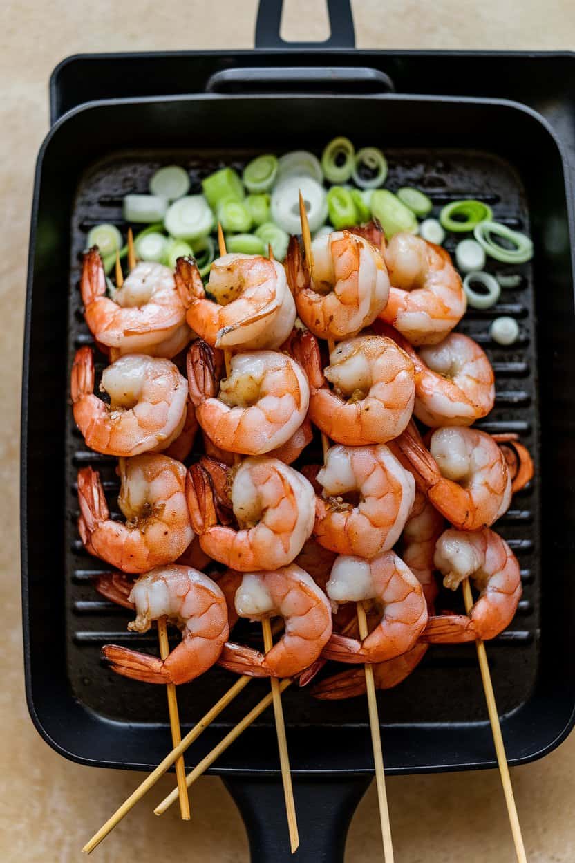 Indoor stovetop grill pan holding glazed, cooked shrimp skewers with a sheen of honey; sliced green onions scattered around; no text or logos.