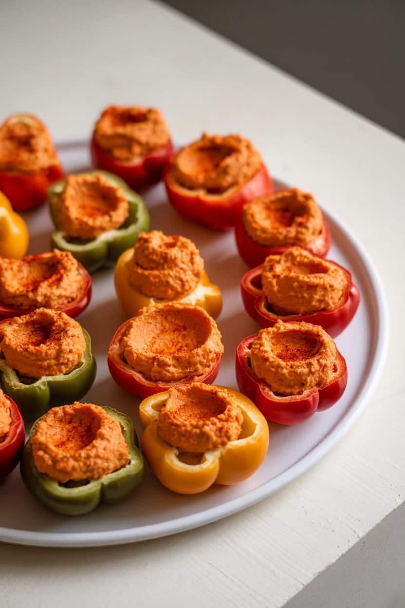 Indoor photo of halved mini bell peppers filled with paprika-tinted hummus, arranged on a white platter. No text or logos.
