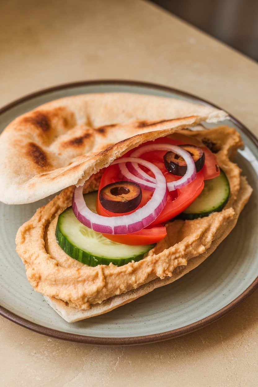 Photo of a pita half on an indoor plate filled with hummus, cucumber, tomato, olive slices, and red onion. No text or logos visible.