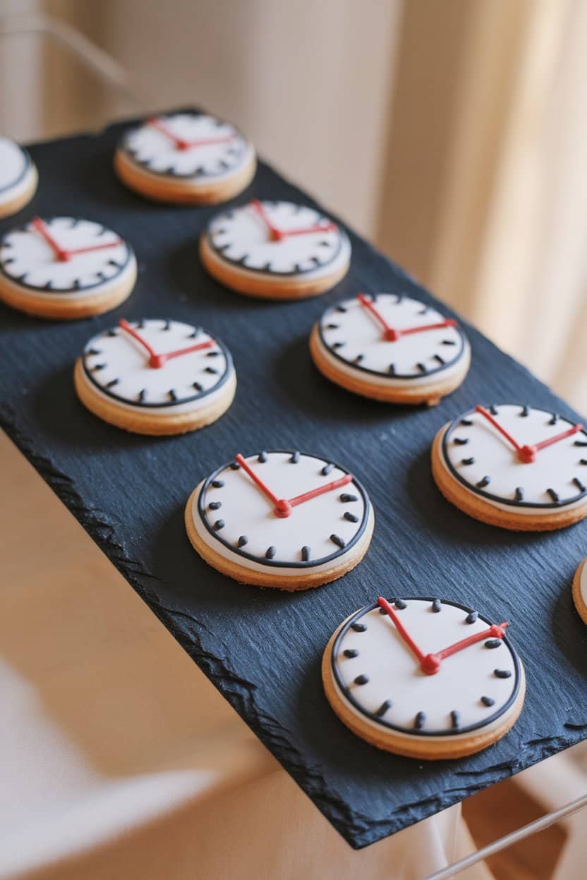 Photo of round cookies with mini clock faces set to “0:00,” hands piped in red, displayed indoors on a slate board. No text or logos present.