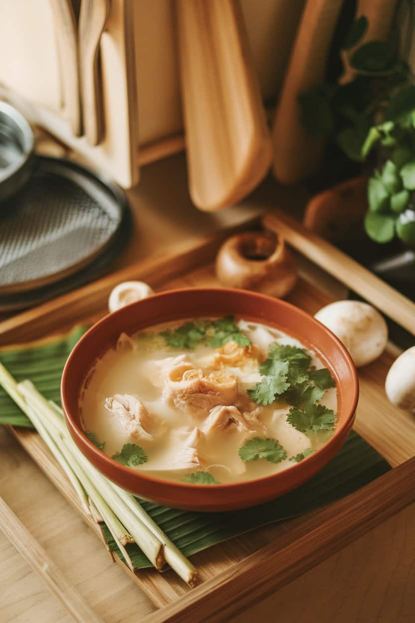Indoor Thai kitchen vibe showing a bowl of clear Tom Yum with chicken pieces, lemongrass, mushrooms, and cilantro; no text or logos.