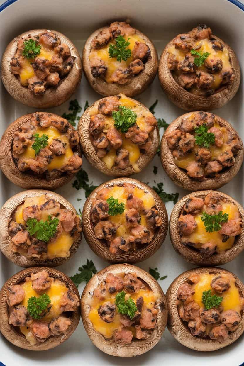 Indoor baking dish of browned mushroom caps brimming with sausage-cheese filling; parsley sprinkle; no text or logos.