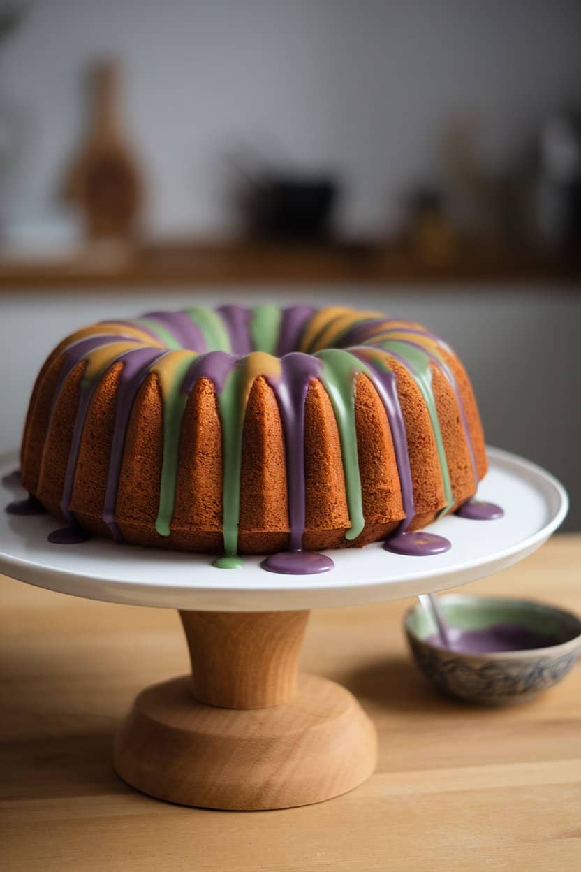 A Bundt cake on an indoor cake stand, purple, green, and gold glaze dripping down ridges, small bowl of glaze in background. No text or logos in image.