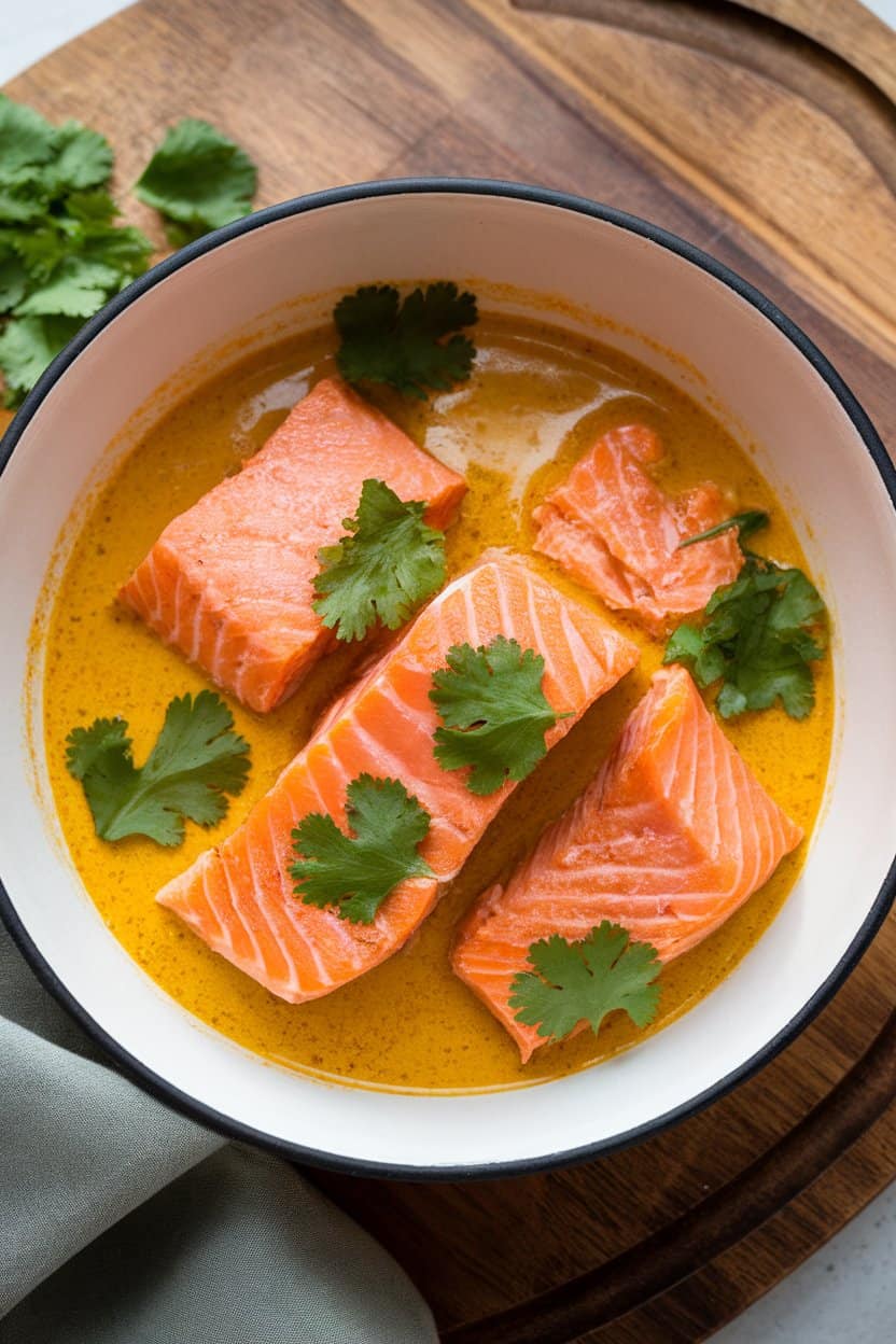 Photo of a shallow indoor bowl filled with golden coconut curry sauce cradling salmon pieces, garnished with cilantro leaves. No text or logos anywhere.
