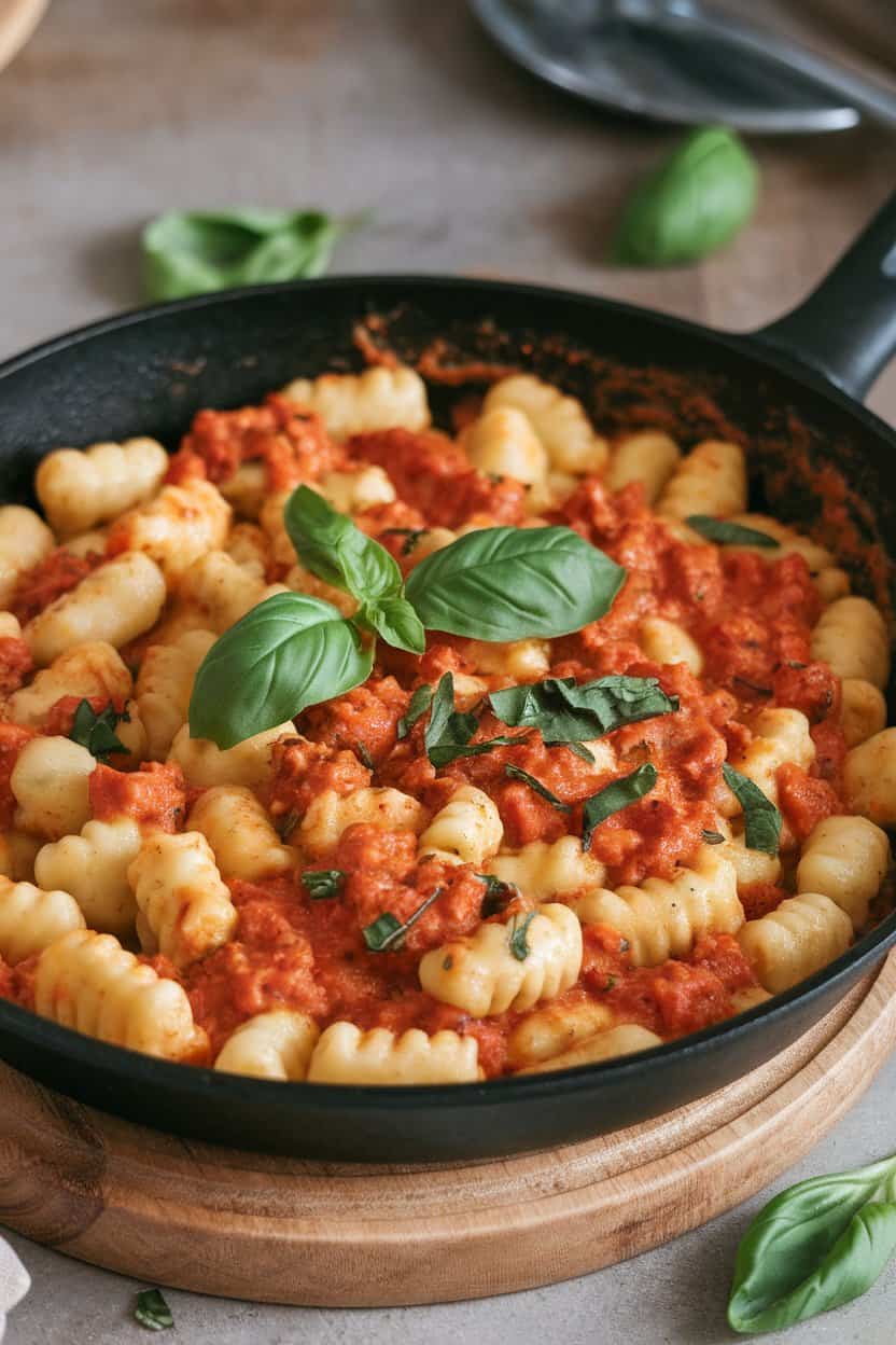 Indoor photo of a skillet brimming with pillowy gnocchi coated in a creamy tomato-basil sauce, garnished with fresh basil leaves. No text or logos shown.