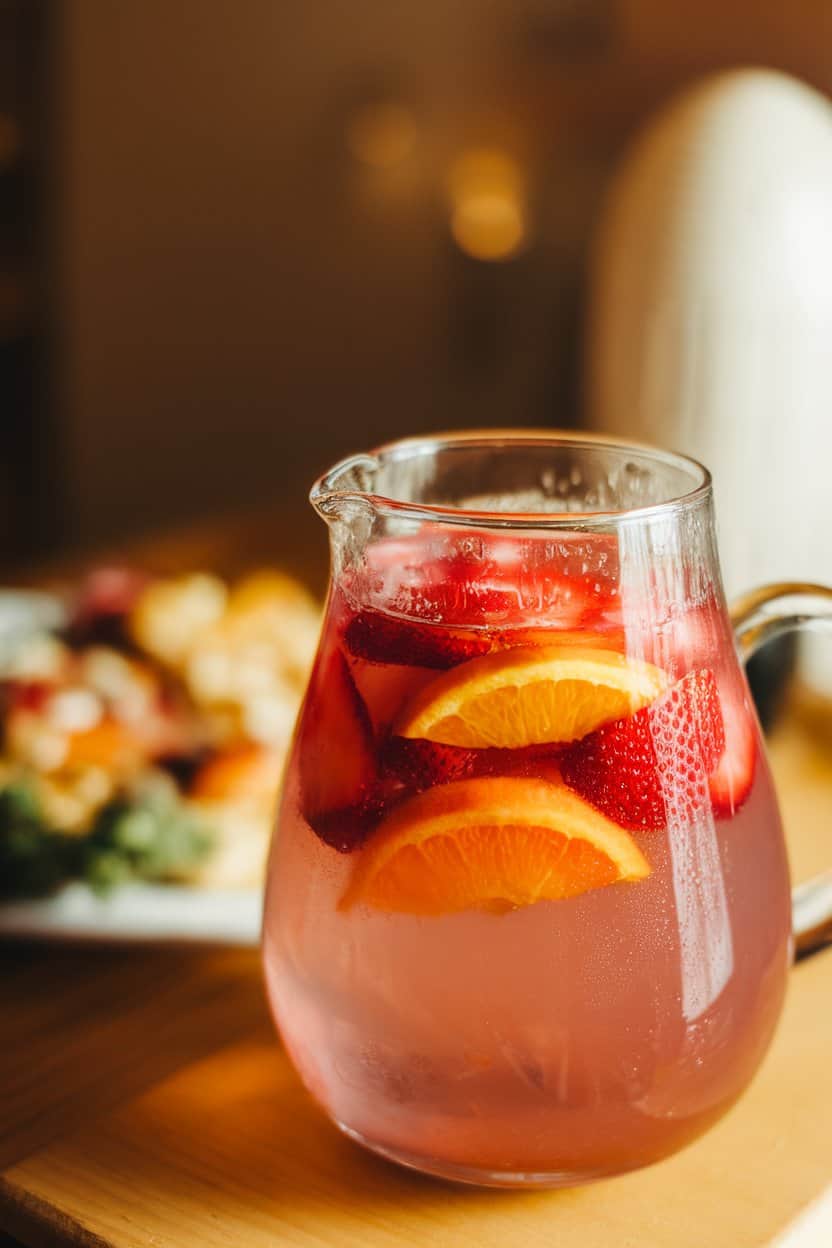 An indoor pitcher of pale pink sangria filled with strawberry slices and orange rounds, condensation on the glass. No logos visible.