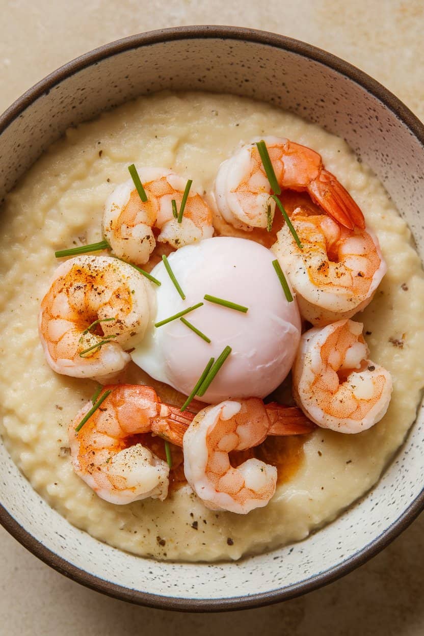 Indoor photo of a shallow bowl containing creamy grits topped with cooked seasoned shrimp and a gently poached egg, garnished with chives; no text or logos