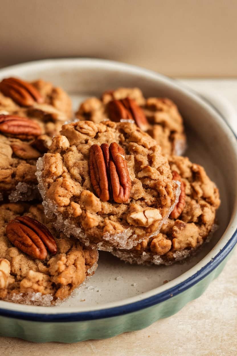 Indoor photo of crumbly vegan pecan cookies with coarse sugar edges on a ceramic dish, no text or logos