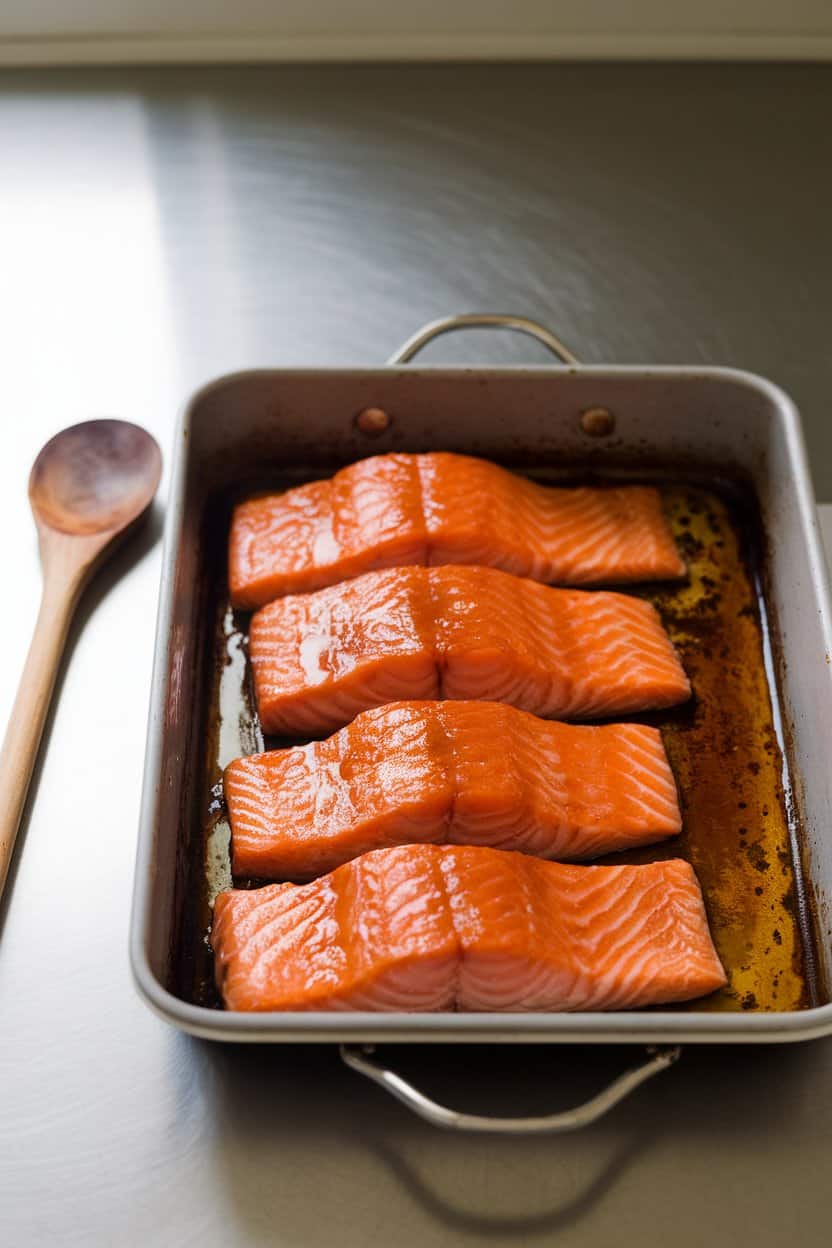 Photo of a broiler pan on an indoor counter with salmon fillets glazed in a glossy maple-mustard mixture, edges slightly charred. No text or logos.