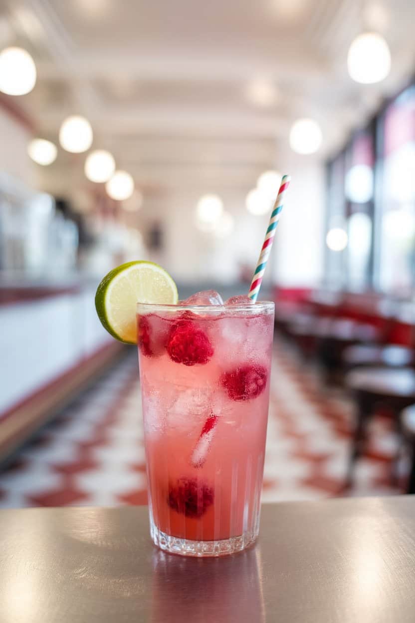 Indoor soda-shop style photo of a tall chilled glass holding pink raspberry mocktail, lime wedge garnish, and a striped straw; background softly blurred. No logos or text present.