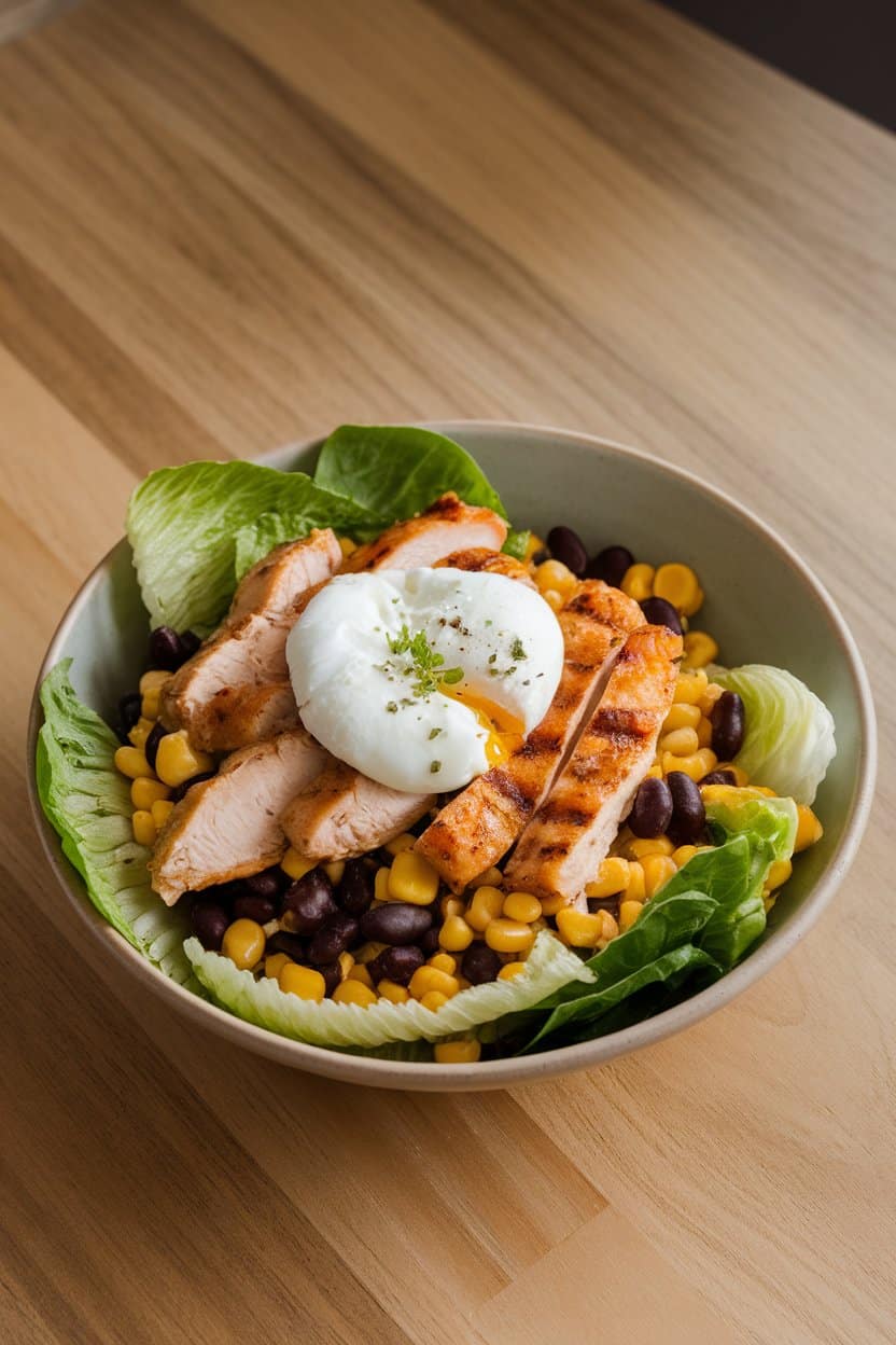Indoor photo of a shallow bowl with romaine, grilled chicken strips, black beans, corn, and a poached egg on top; no text or logos