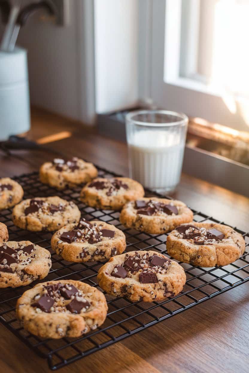 An indoor cooling rack holding chewy cookies studded with dark chocolate chunks and flecks of quinoa flakes; afternoon kitchen lighting; no text or logos.