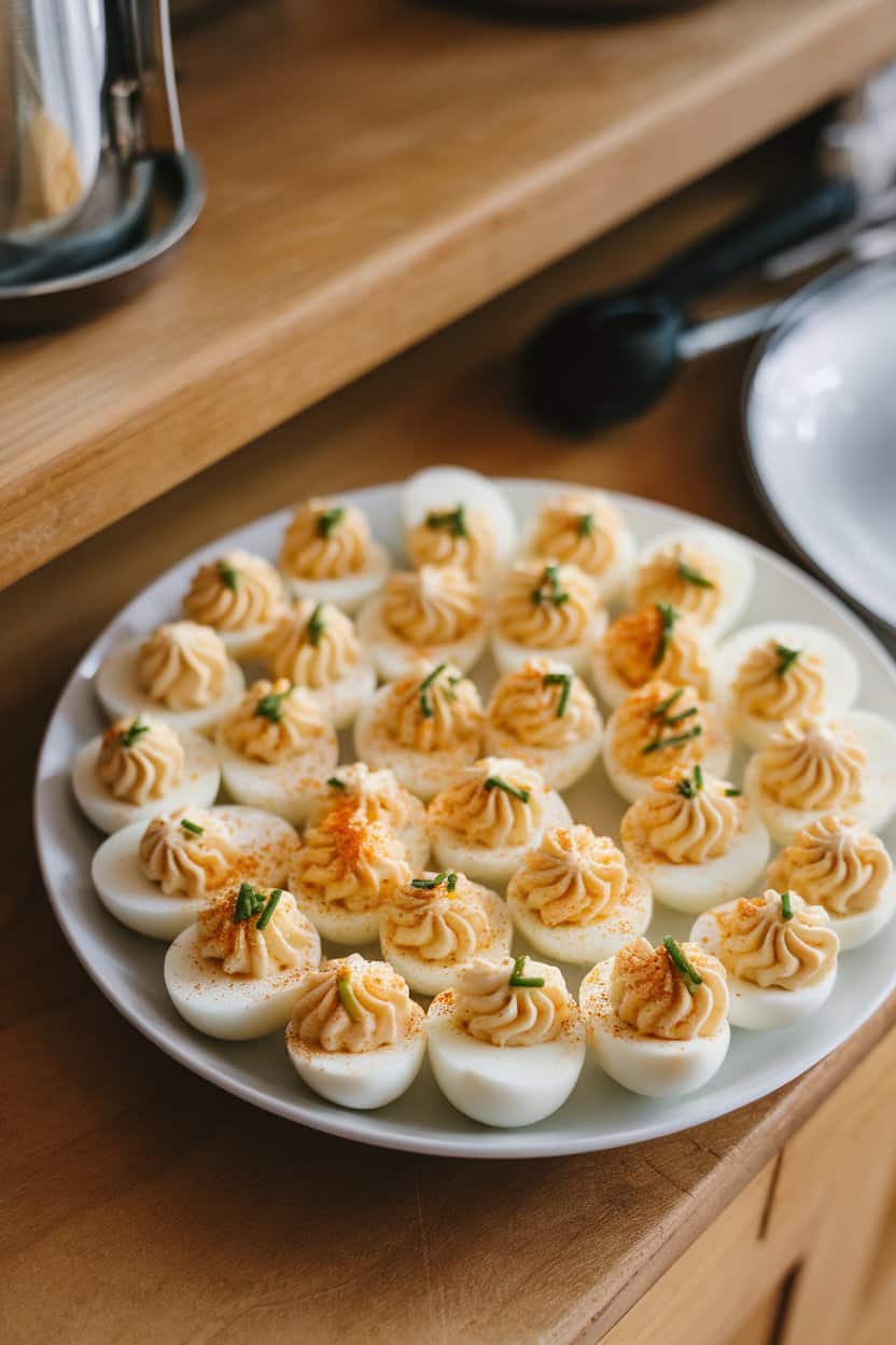 Indoor platter of neatly piped deviled eggs sprinkled with paprika and chives, no logos visible.