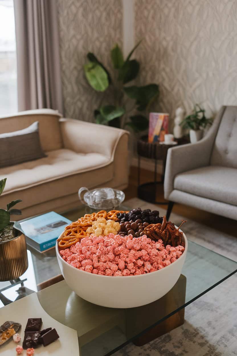 A cozy indoor living-room coffee table hosting a large white bowl brimming with pink-coated popcorn, mini pretzels, chocolate candies, and dried cherries. No text or logos visible.