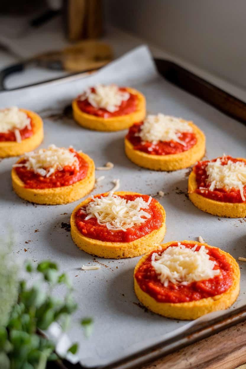 Indoor photo of small baked polenta circles topped with marinara and melty vegan cheese on a baking sheet. No text or logos.