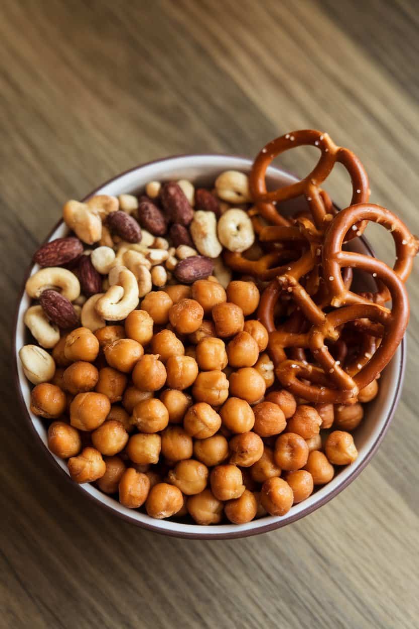 An indoor snack bowl of roasted chickpeas mixed with nuts and pretzels, lightly seasoned. No text or logos.